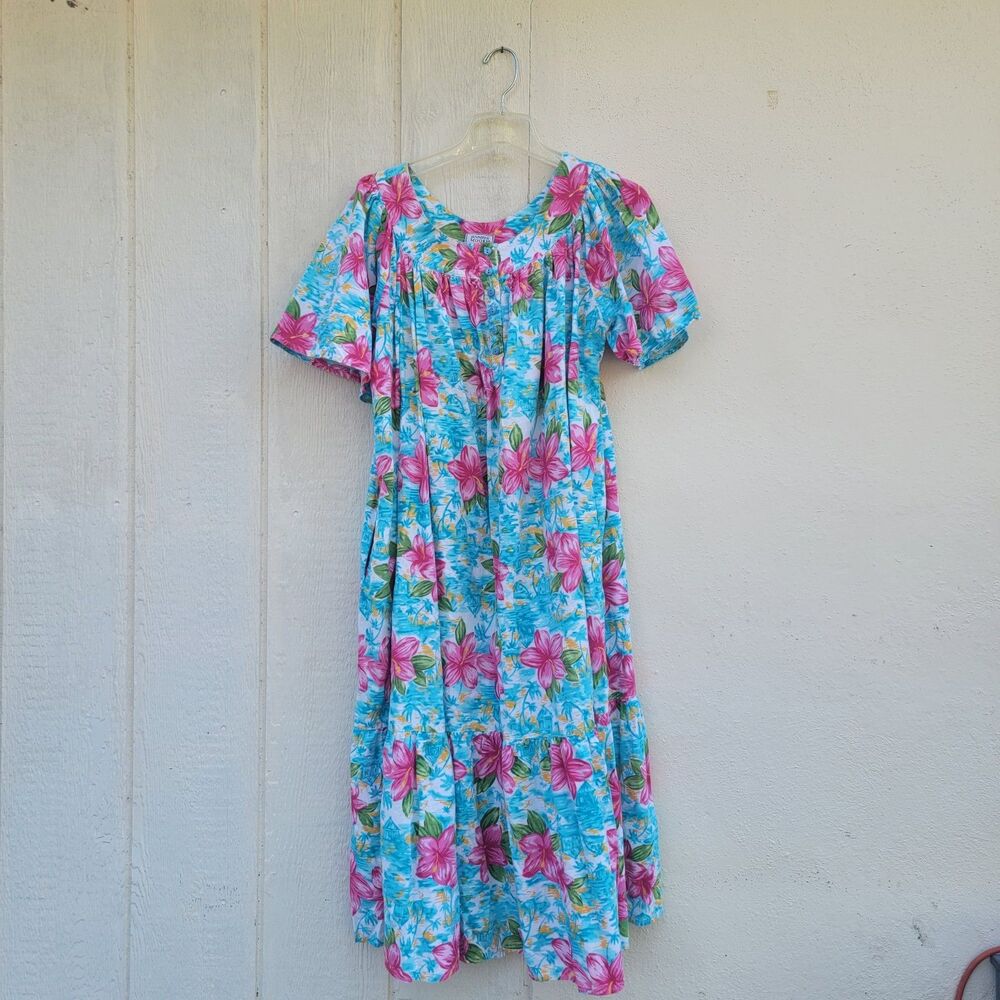Jennifer Moore Hawaiian Dress Maxi Med Mumu Multi Colored Tropical Vintage 80s